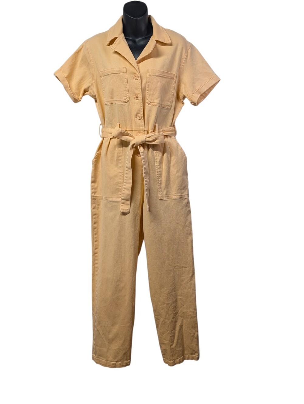 Skies Are Blue Women's Light Yellow Short Sleeve Belted Button Front Jumpsuit L